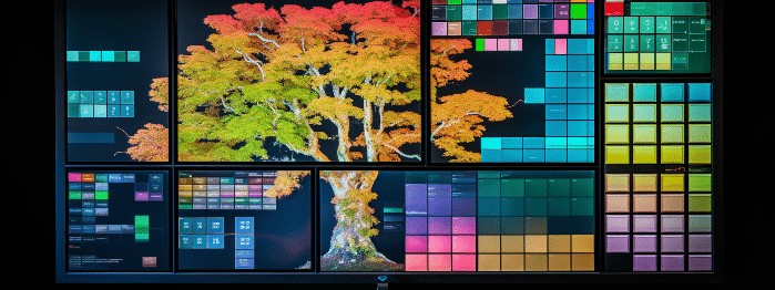 Multiple treemap examples on a screen with a tree in the center of the screen.