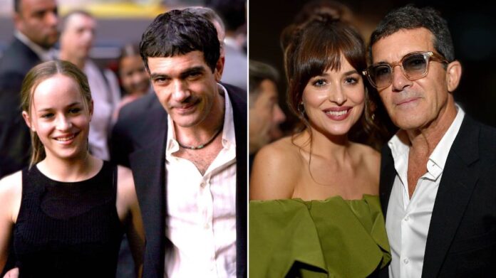 Antonio Banderas Shares Sweet Photo Bonding with Stepdaughter Dakota Johnson: 'Happiness' Antonio Banderas and his stepdaughter Dakota Johnson are enjoying time together! On Tuesday, July 9, Banderas, 63, posted an Instagram snapshot of himself seated with Johnson, 34, showing the Daddio star cuddling up to her stepfather. 